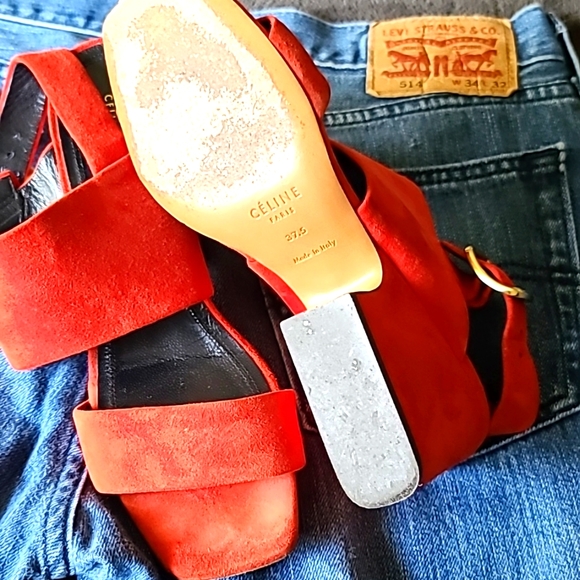 CELINE RED SUEDE BLOCK HEEL STRAPPY SANDALS 37.5 - Picture 2 of 9